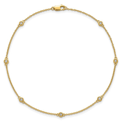 14K Complete 1/6 carat Bezel-set Diamond and Cable Chain 7-Station Anklet