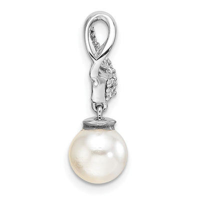 14K White Gold Polished 1/10 carat Diamond and White Freshwater Cultured Pearl Chain Slide, 21.35 x 7.25mm
