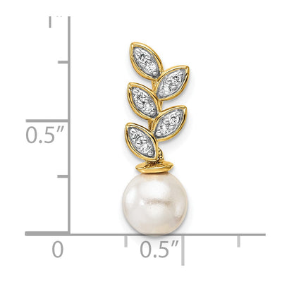 14K Polished 1/15 carat Diamond and White Freshwater Cultured Pearl Leaf Design Chain Slide