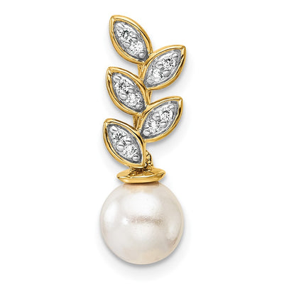 14K Polished 1/15 carat Diamond and White Freshwater Cultured Pearl Leaf Design Chain Slide