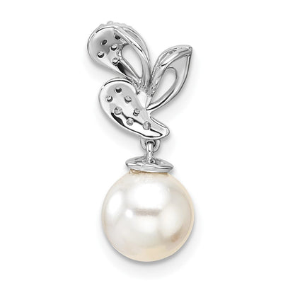 14K White Gold Polished 1/10 carat Diamond and White Freshwater Cultured Pearl Chain Slide, 19.1 x 8.1mm