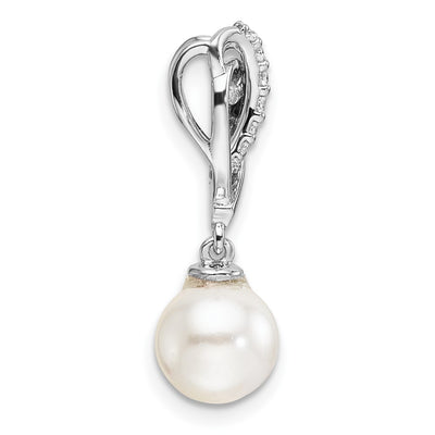 14K White Gold Polished 1/10 carat Diamond and White Freshwater Cultured Pearl Chain Slide, 22.45 x 8mm