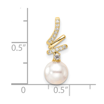 14K Polished 1/10 carat Diamond and White Freshwater Cultured Pearl Chain Slide, 20.35 x 7.25mm