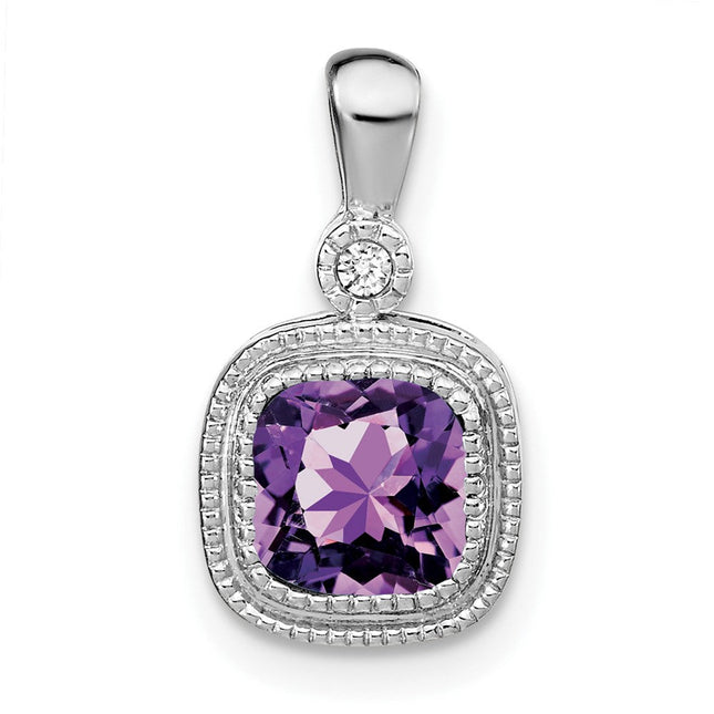 14k White Gold Cushion Amethyst and Diamond Pendant, 16.5 x 9mm