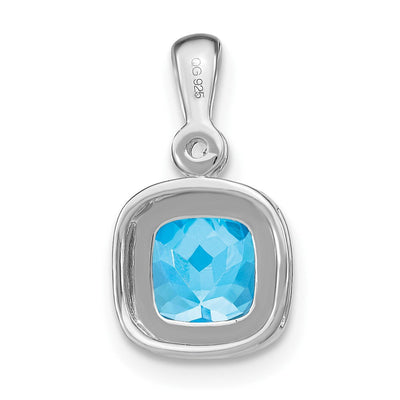 14K White Gold Cushion Blue Topaz and Diamond Pendant, 16.5 x 9mm