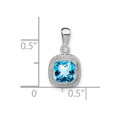 14K White Gold Cushion Blue Topaz and Diamond Pendant, 16.5 x 9mm