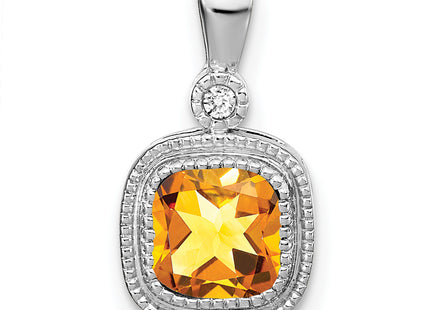 14k White Gold Cushion Citrine and Diamond Pendant, 16.5 x 9mm