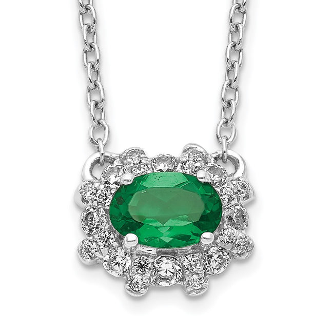14k White Gold Diamond and Oval Emerald Fancy East-West Necklace, 18 x 11mm