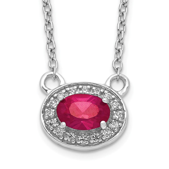14k White Gold Diamond and Oval Ruby Halo East-West Necklace, 18 x 10mm