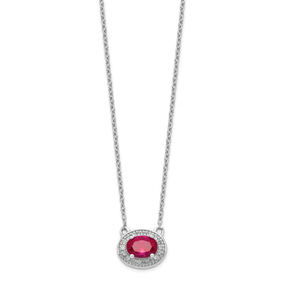 14K White Gold Diamond and Oval Ruby Halo East-West Necklace, 18 x 11mm