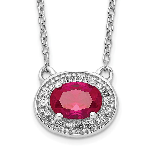 14k White Gold Diamond and Oval Ruby Halo East-West Necklace, 18 x 11mm