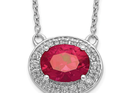14k White Gold Diamond and Oval Ruby Halo East-West Necklace (Style PM4026-RU-020-WA-18)