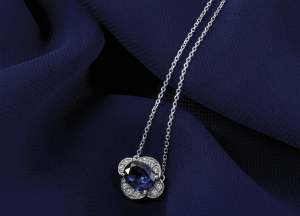 14k White Gold Diamond and Oval Sapphire East-West Necklace