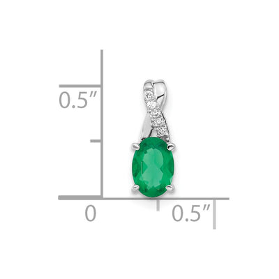 14K White Gold Oval Created Emerald and Diamond Pendant, 14.3 x 6.25mm