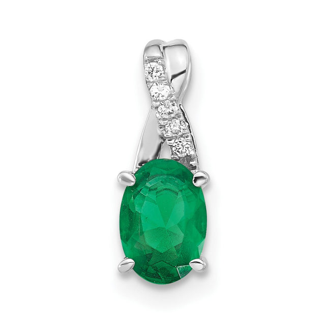 14K White Gold Oval Created Emerald and Diamond Pendant, 14.3 x 6.25mm