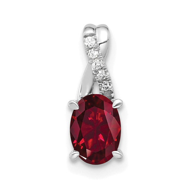 14K White Gold Oval Created Ruby and Diamond Pendant, 14.3 x 6.25mm