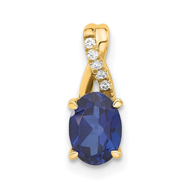 14K Oval Created Sapphire and Diamond Pendant, 14.3 x 6.25mm