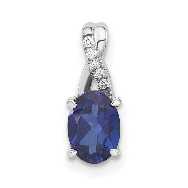 14k White Gold Oval Created Sapphire and Diamond Pendant, 14.3 x 6.25mm
