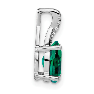 14K White Gold Oval Lab Created Emerald and Diamond Pendant