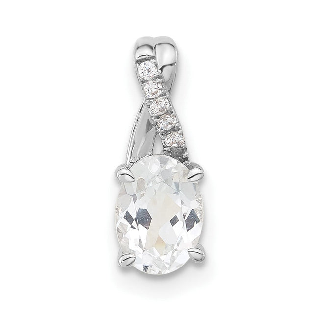 14K White Gold Oval White Topaz and Diamond Pendant, 14.3 x 6.25mm