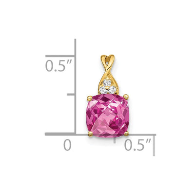 14K Checkerboard Created Pink Sapphire and Diamond Pendant