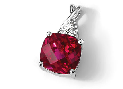 14K White Gold Checkerboard Created Ruby and Diamond Pendant