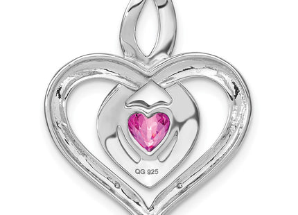 Sterling Silver Rhodium Plated Created Pink Sapphire and Diamond Infinity Heart Pendant, view 4