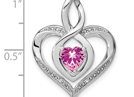 Sterling Silver Rhodium Plated Created Pink Sapphire and Diamond Infinity Heart Pendant, view 3
