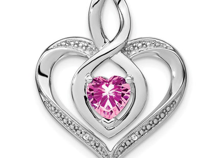 Sterling Silver Rhodium Plated Created Pink Sapphire and Diamond Infinity Heart Pendant