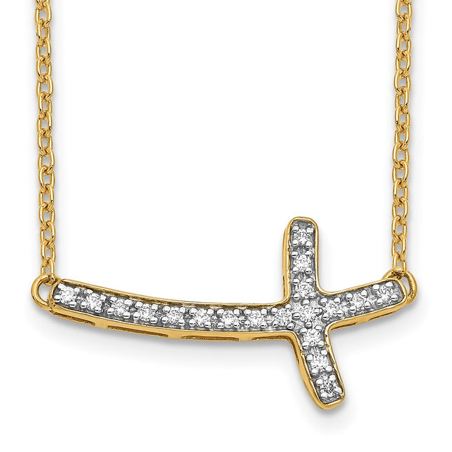 14k Polished 1/10 carat Diamond Sideways Cross Necklace