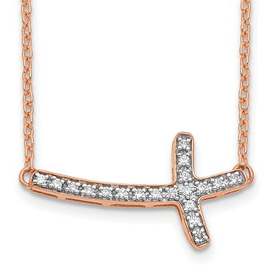 14K Rose Gold 1/10 carat Diamond Sideways Cross Necklace, 18 x 20mm