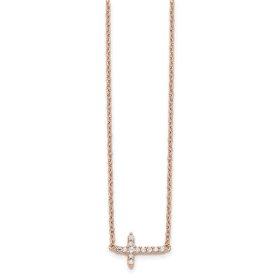 14K Rose Gold 1/10 carat Diamond Sideways Cross Necklace, 18 x 20mm