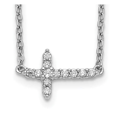 14K White Gold 1/10 carat Diamond Sideways Cross Necklace, 18 x 11mm