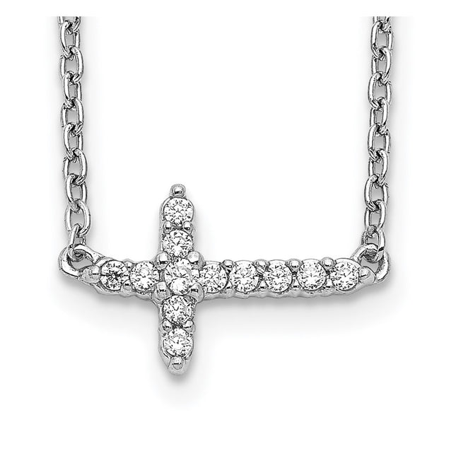 14k White Gold 1/10 carat Diamond Sideways Cross Necklace, 18 x 11mm