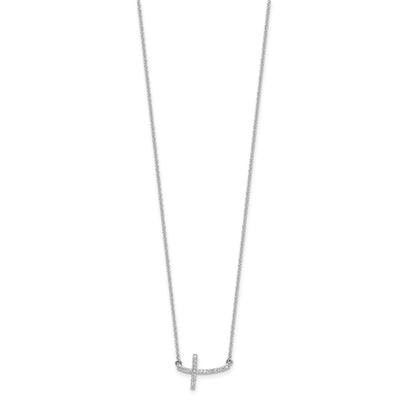 14K White Gold 1/10 carat Diamond Curved Sideways Cross Necklace