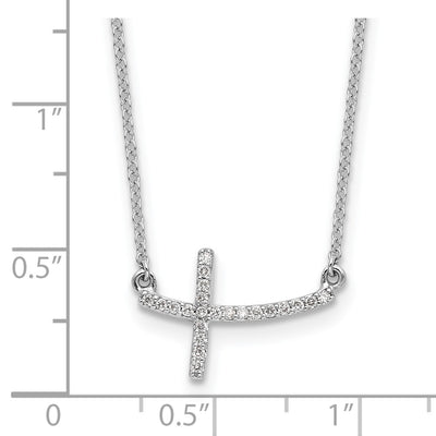 14K White Gold 1/10 carat Diamond Curved Sideways Cross Necklace
