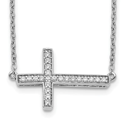 14K White Gold 1/6 carat Diamond Sideways Cross Necklace, 18 x 18mm