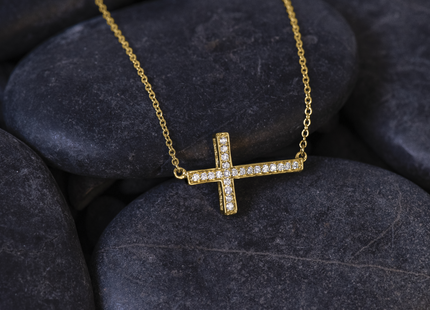 14k Polished 1/6 carat Diamond Sideways Cross Necklace, 18 x 18mm