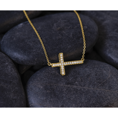 14K Polished 1/6 carat Diamond Sideways Cross Necklace, 18 x 18mm