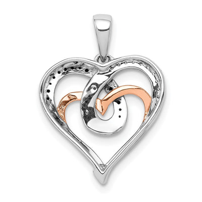 14K White and Rose Gold White and Black Diamond Hearts Pendant