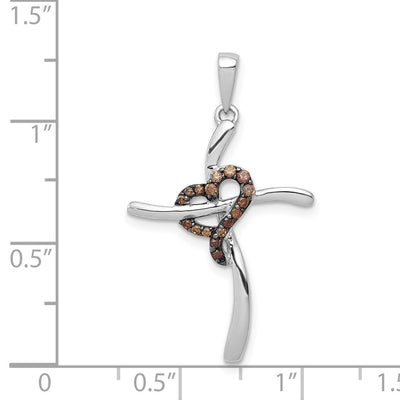 14K White Gold 1/. Champagne Diamond Heart Cross Pendant