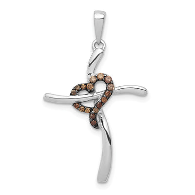 14K White Gold 1/. Champagne Diamond Heart Cross Pendant