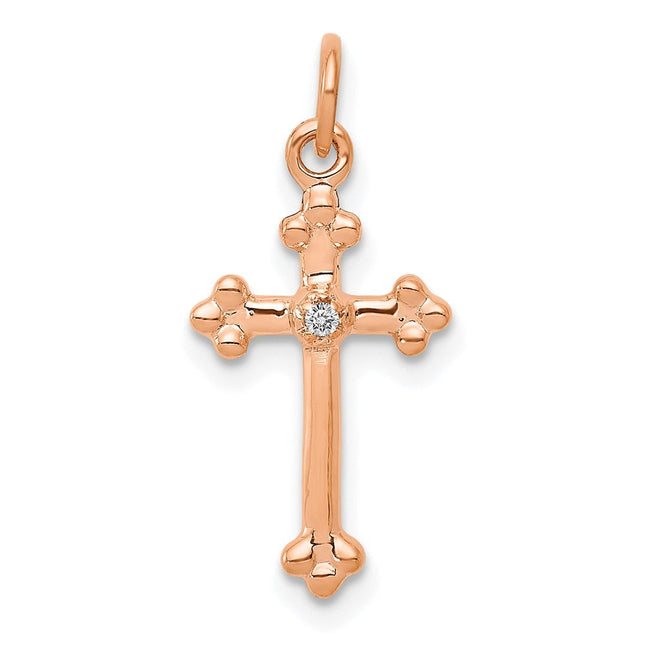 14k Small Diamond Budded Cross Pendant, 21.5 x 9mm