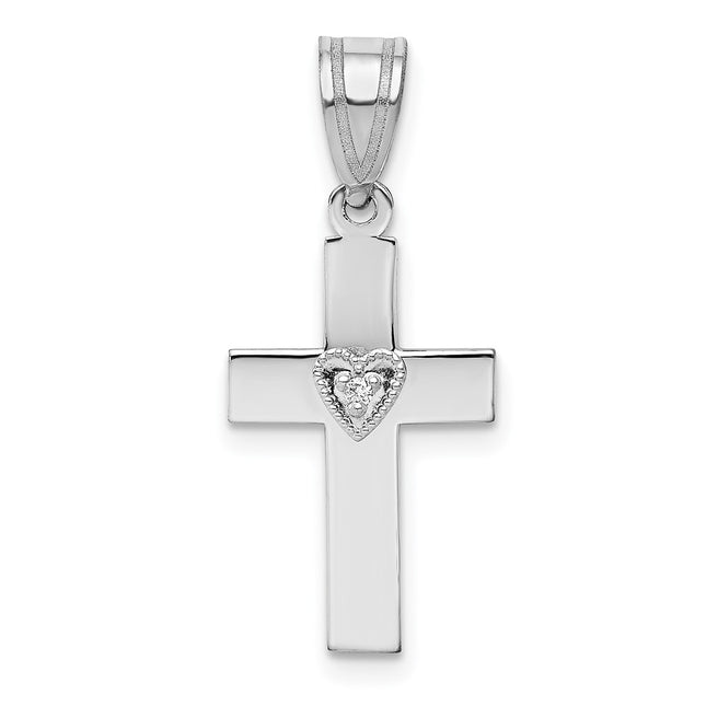 14k White Gold . Diamond Heart Cross Pendant, 25.5 x 11mm