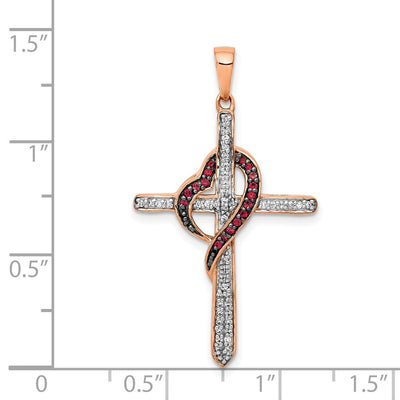 14K Rose Gold Red and White Diamond Cross w/Heart Pendant
