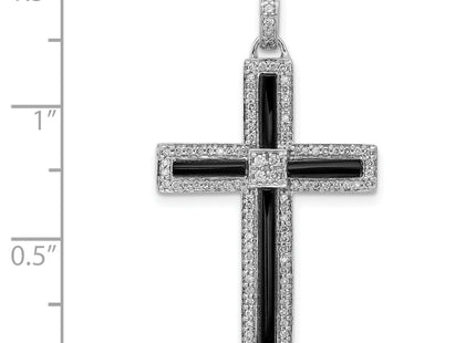 14k White Gold 1/. Diamond and Onyx Cross Pendant, 36 x 20.5mm