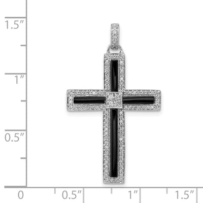 14K White Gold 1/. Diamond and Onyx Cross Pendant, 36 x 20.5mm