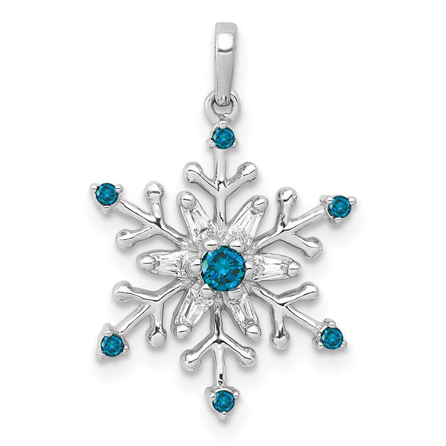 14k White Gold 1/. Blue and White Diamond Snowflake Pendant, 17.6 x 14mm