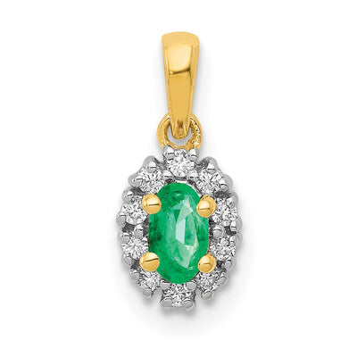 14K with White Rhodium Diamond and Oval Emerald Halo Pendant