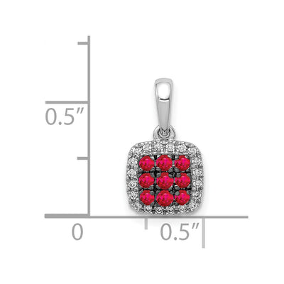 14K White Gold with Black Rhodium Diamond and .23 Ruby Cluster Square Halo Pendant